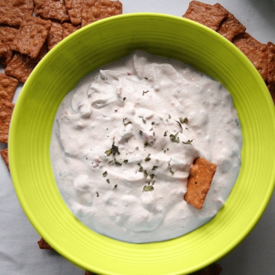 Grain Free Chips and Dip in Green Bowl