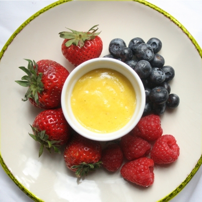 Fruit Custard on a plate with berries